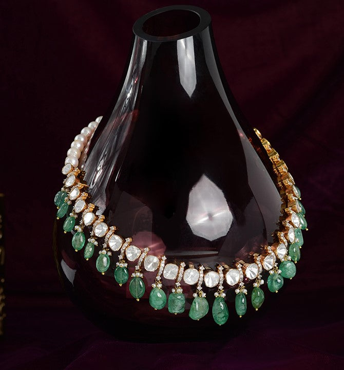 Polki Choker Necklace with Emerald Beads