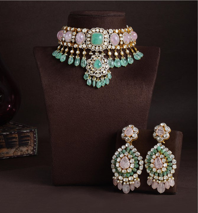 Polki Choker Set with Emerald and Morganites