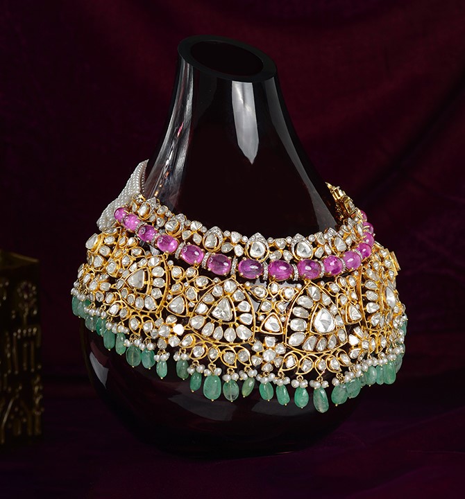 Polki Diamond Choker with Emerald Beads