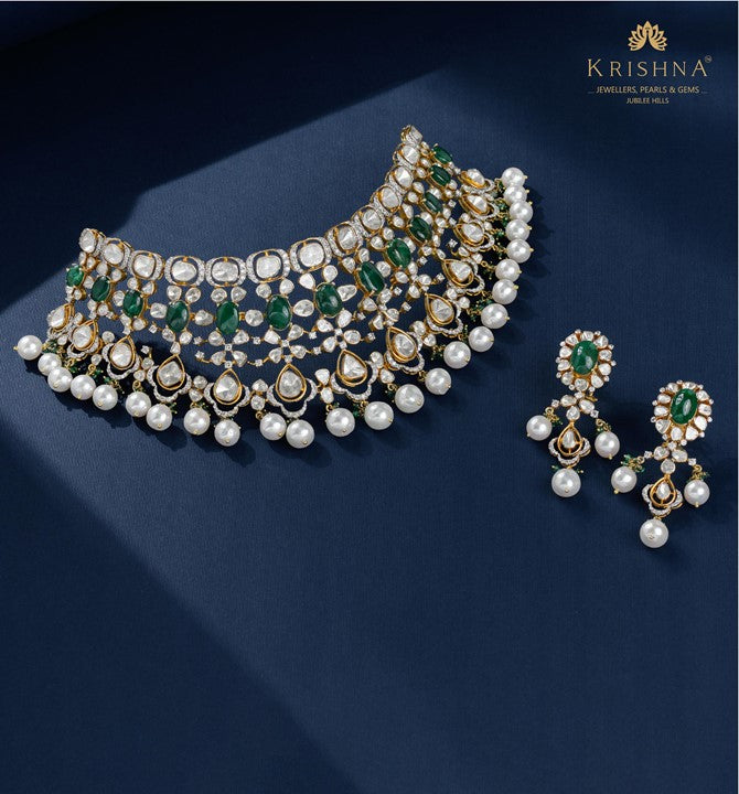 Polki diamond necklace set in Floral Motif