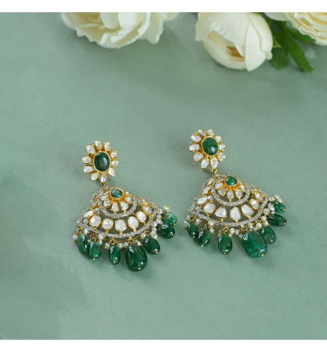 Polki Chandbali Earrings with Russian Emeralds