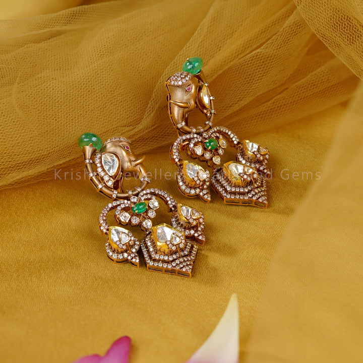 Elephant Motif Emerald Polki Earrings in 14K Gold – Heritage