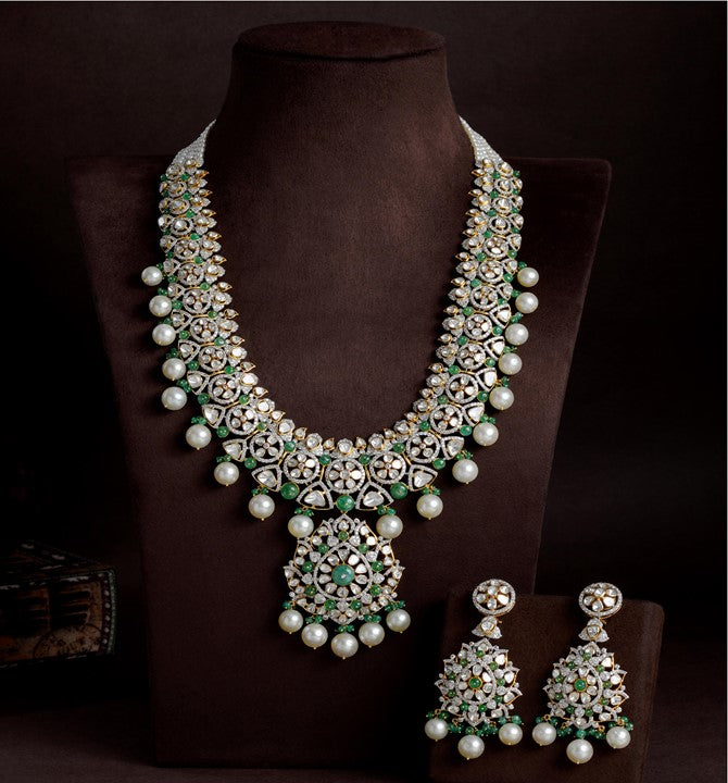 Polki Long Haram Necklace Sets with Pearls