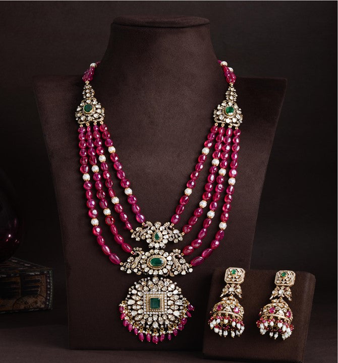 Polki Necklace Sets in Ruby Beads and Pearls