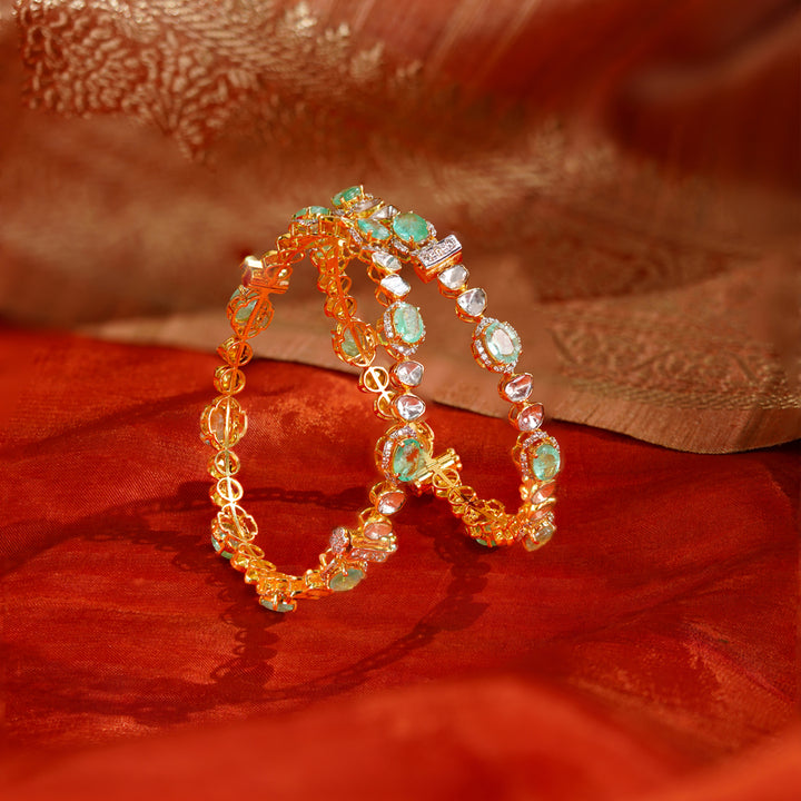 18K Polki Emerald Traditional Bangle Set