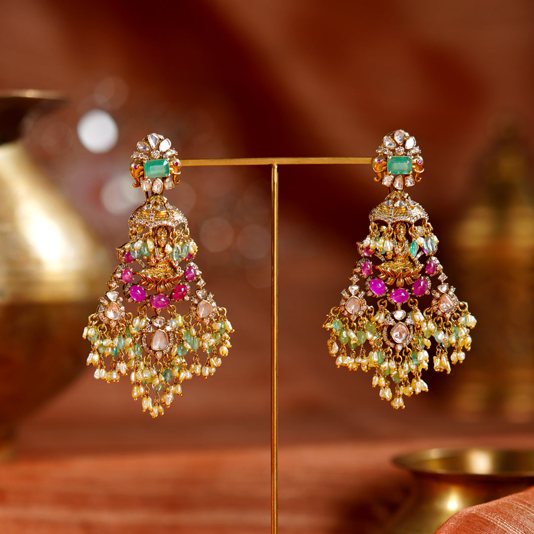 18K Polki Emerald Laxmi Devi Pearl Jhumkas