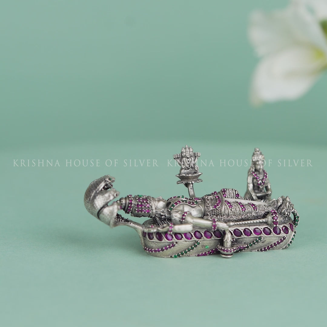 Divine Silver Vishnu Sheshashayi Idol – Reclining Lord on Adishesha with Jeweled Stones Accents