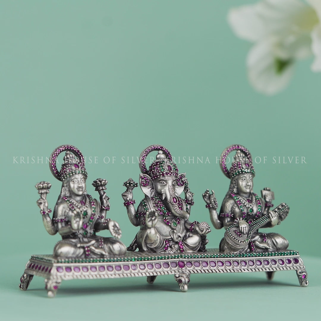 Silver Ganesh Saraswati Lakshmi - 3 Blessings Idol with Stone Detailing