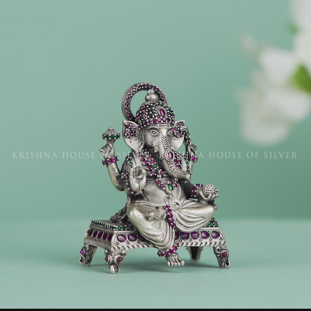 Classic Pitam Design Ganesh Murti 92.5 Silver with Stone Inlay