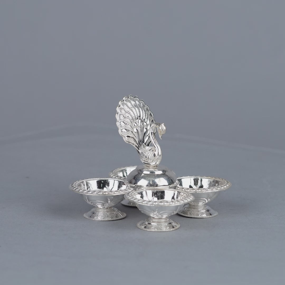 Handmade Silver Haldi Kumkum set in Peacock Theme