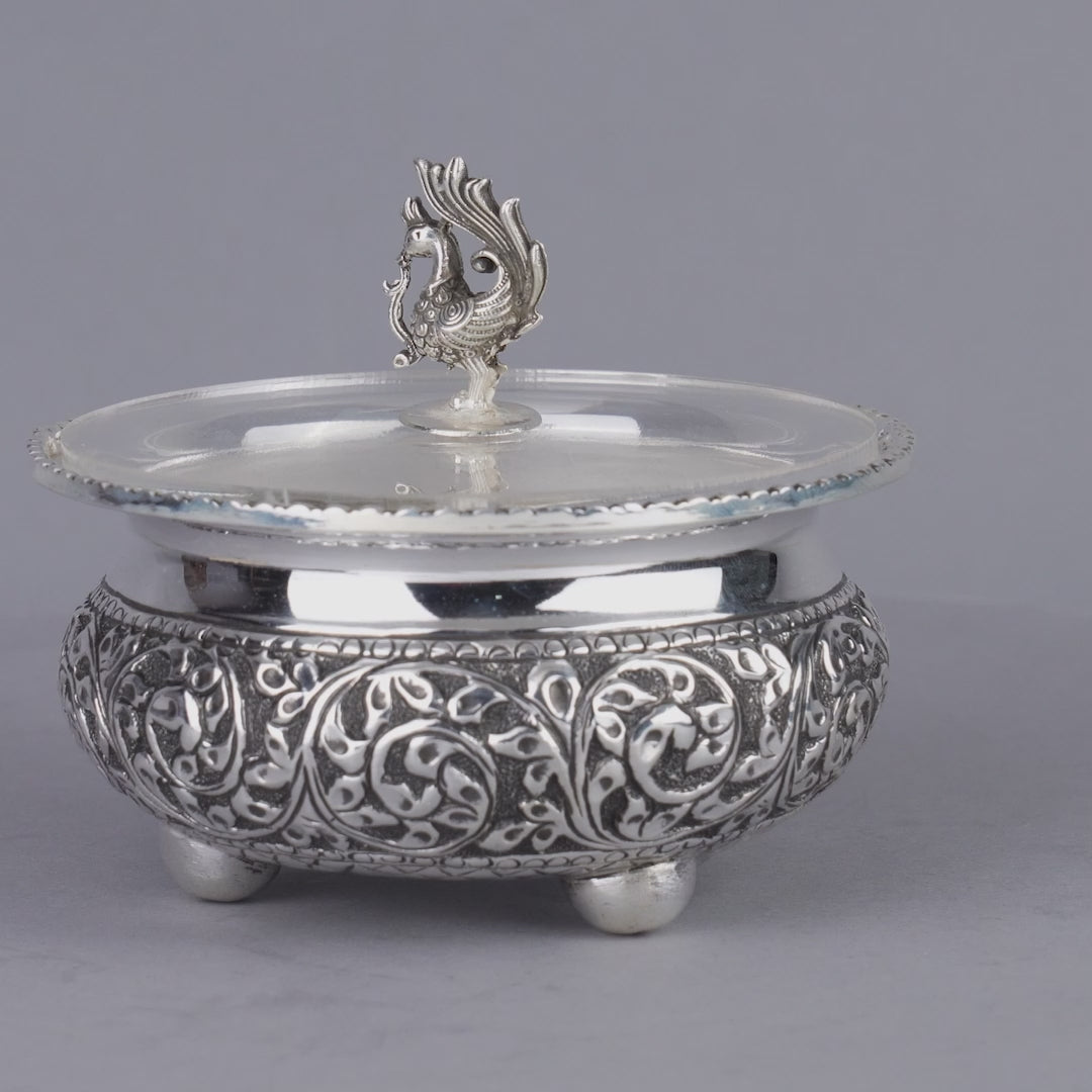 Antique Silver Bowl Silver Peacock Lid