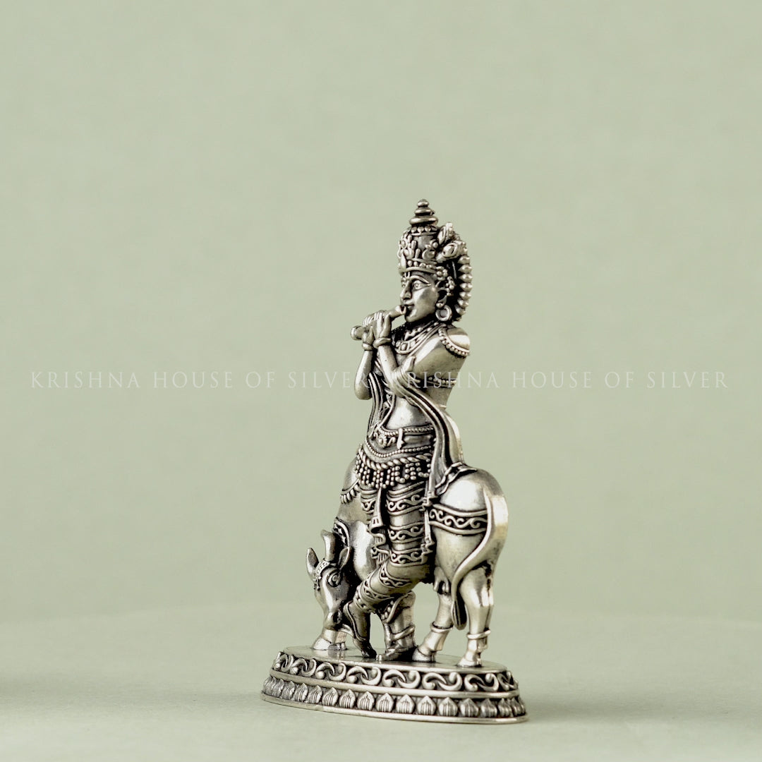 Silver Bala Krishna Statue - Cow, Home Temple