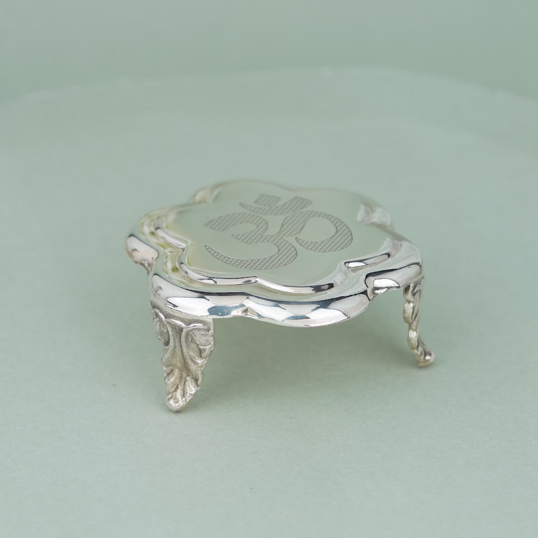 Silver Om-Themed 3 Legs Stool for Pooja