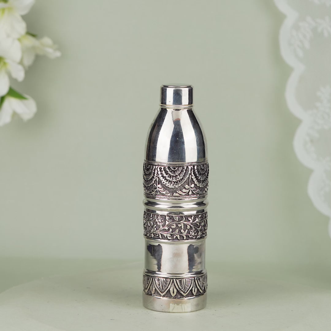 Silver Water Bottle with Leaf and Floral Design