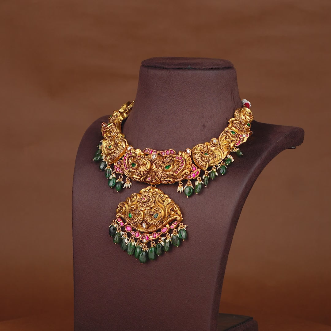 Short Gold Necklace in Nakshi Work