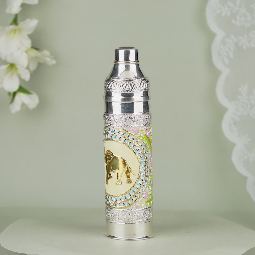 Elephant and Floral Crafted Silver Water Bottle