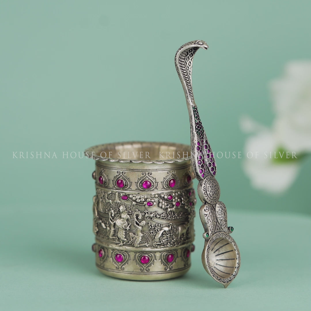 Silver Panchapatra Set - Intricate Stonework & Design