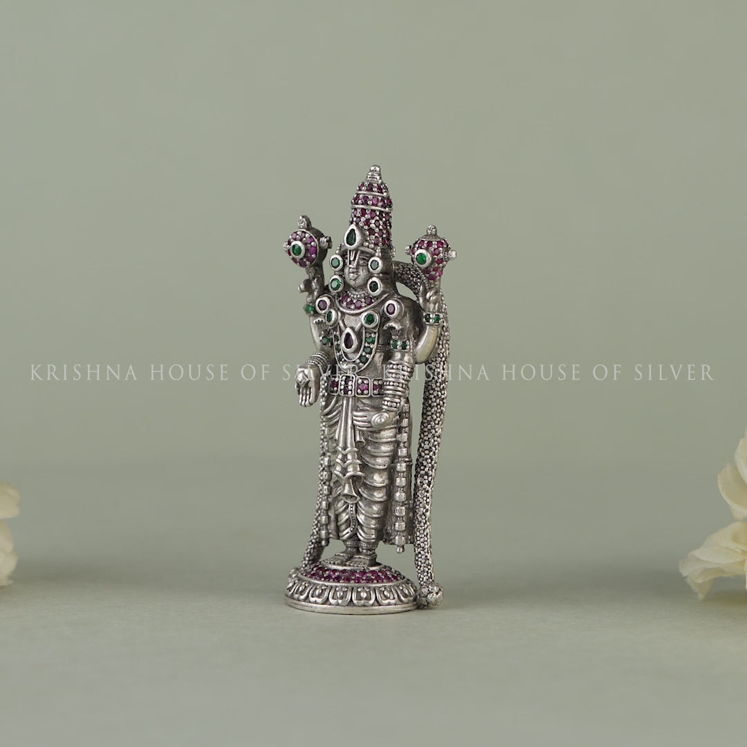 Antique Silver Tirupati Balaji Idol - With Beautiful Stone work