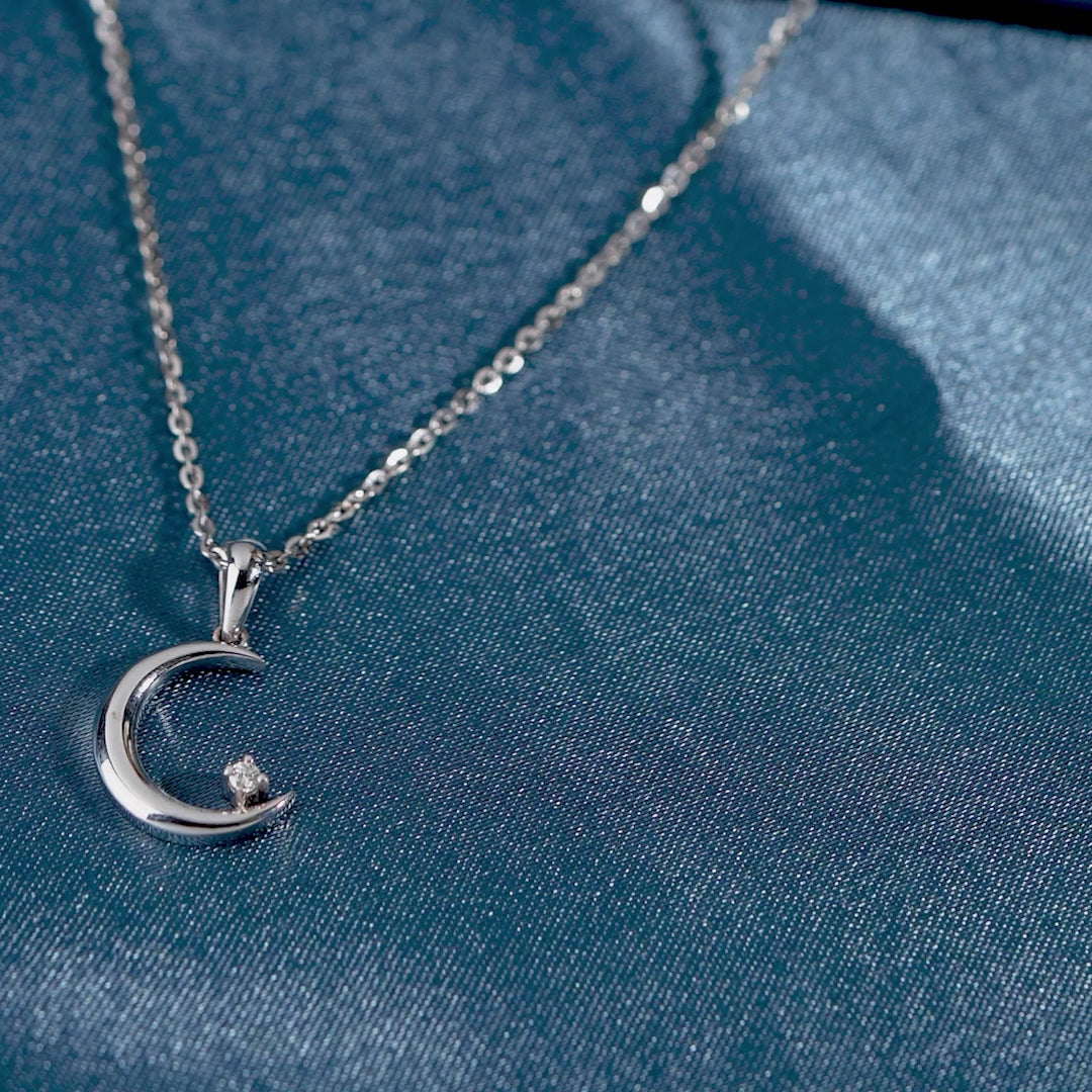 18 Karat White Gold Chain-Small Creascent Moon  Diamond Pendant