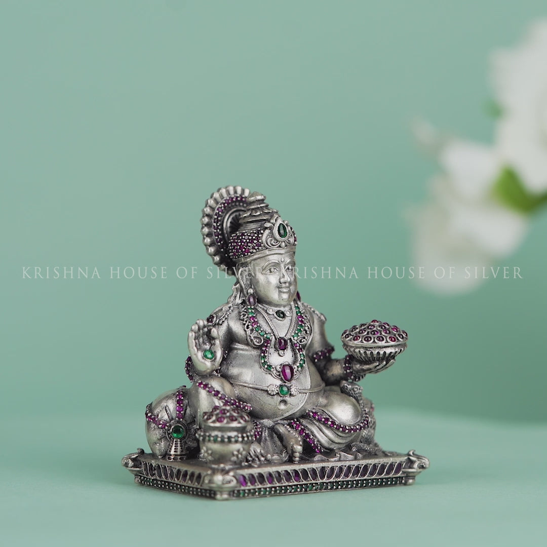 92.5 Silver Kuber Idol - Seated Pose with Money Pot with stones