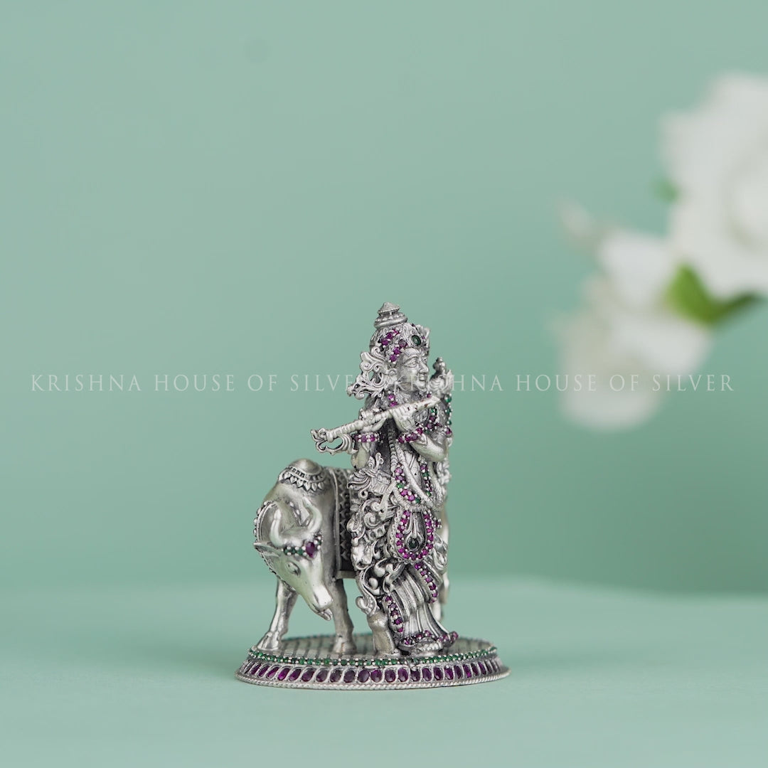 Divine Cow Krishna Idol in 92.5 Silver - With Gemstones