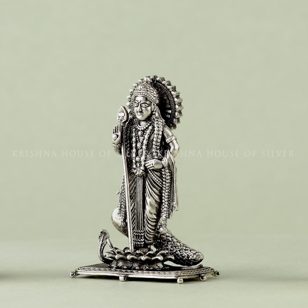 Lord Murugan in Silver with Peacock and Snake