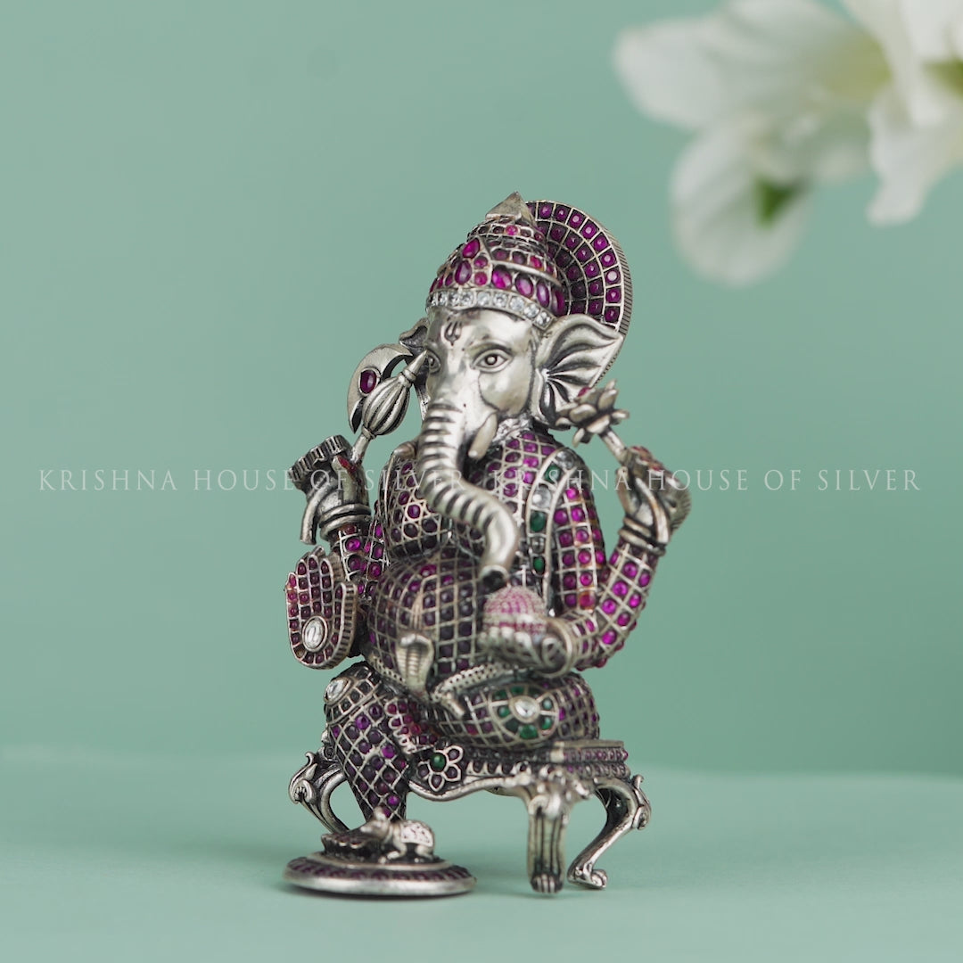 Silver Ganesha Idol with Gemstones - Seated & Detailed