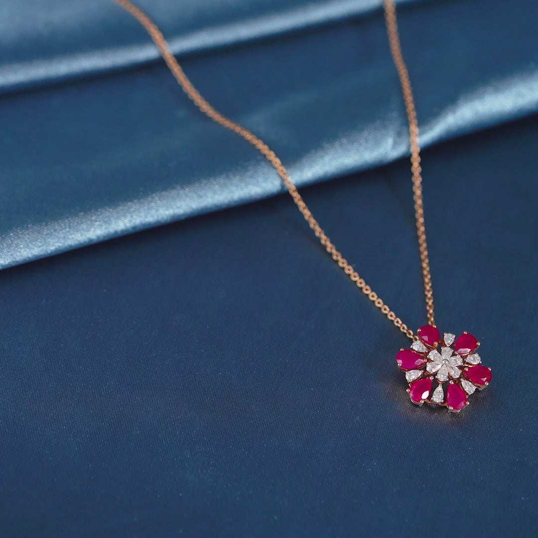 18 Karat RoseGold Chain-Magenta Flower Diamond Pendant