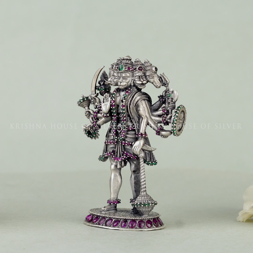 Panchmukhi Hanuman Idol in Silver - Jeweled & Powerful