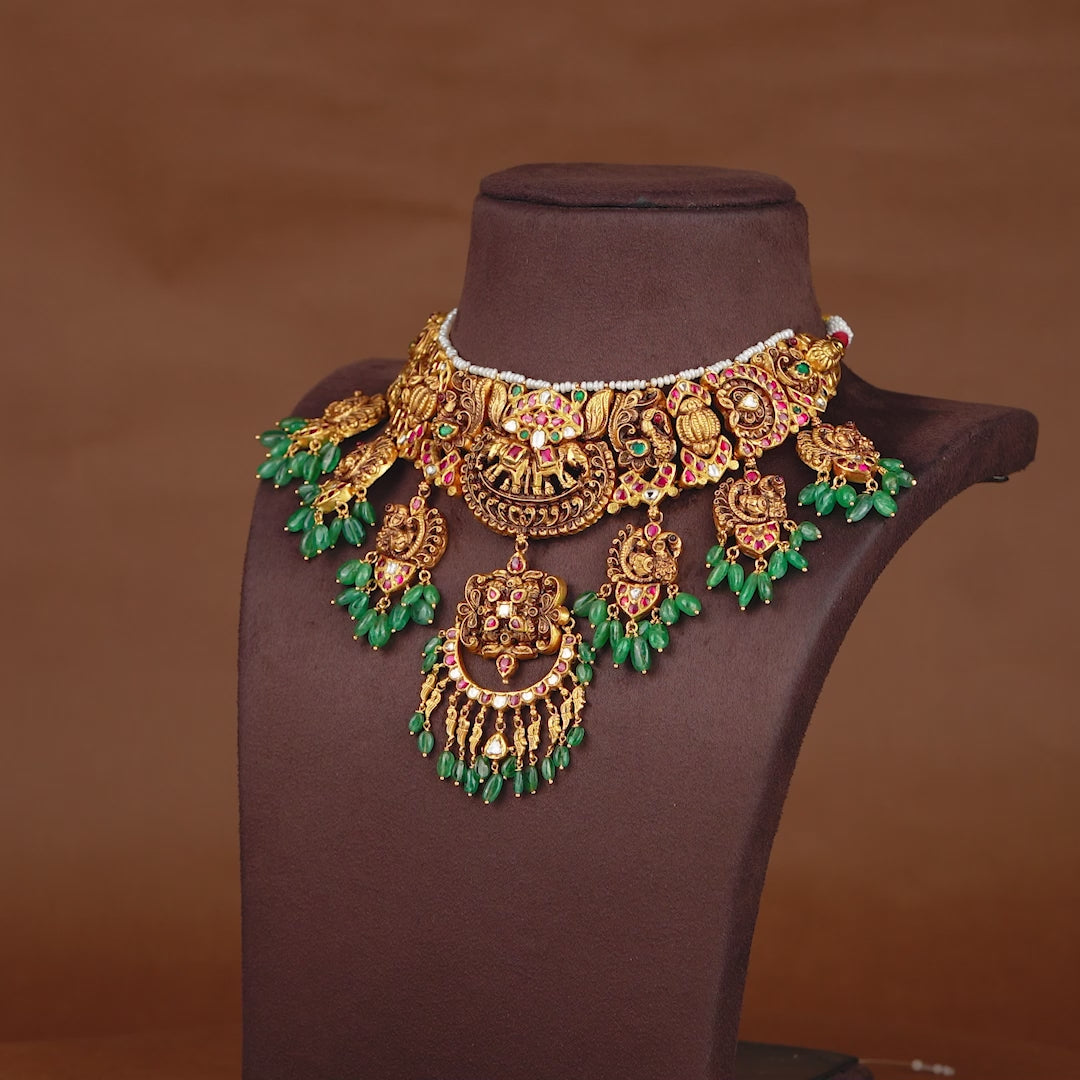 Gold Necklace in Elephant and Peacock Motif