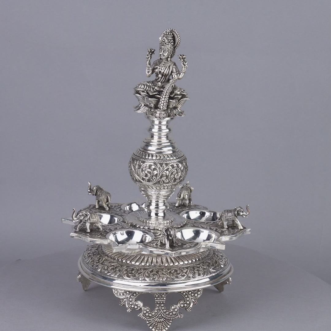 Divine Silver Diya Stand Goddess Laxmi