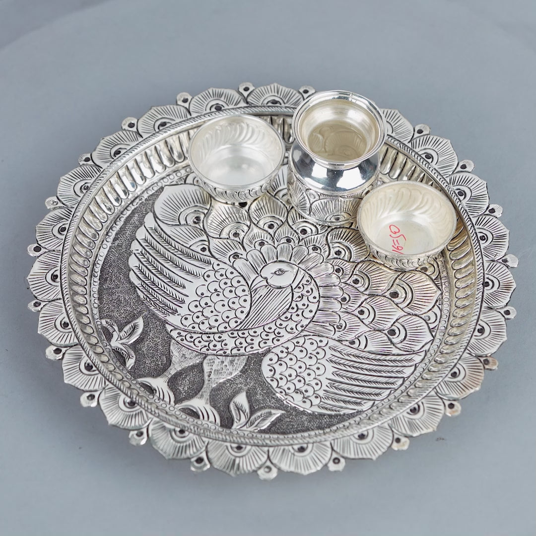 Silver Pooja Set in Peacock Design