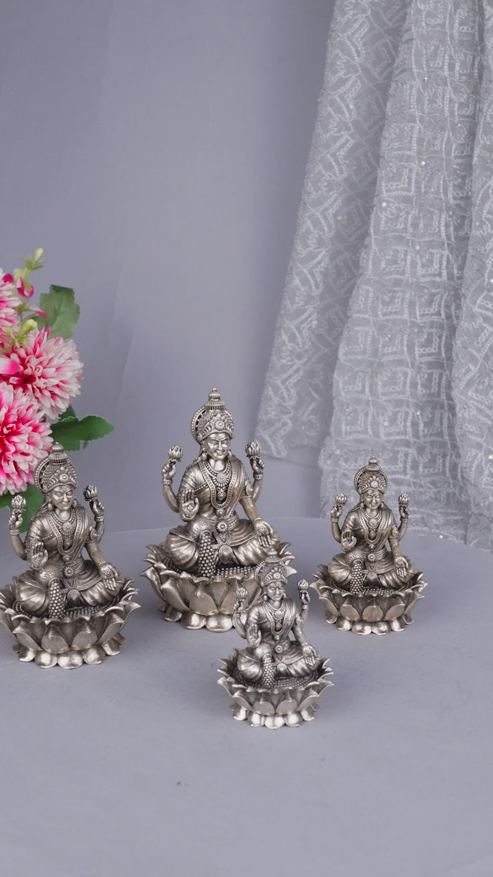 Silver Lakshmi Idol on Lotus - Goddess of Wealth