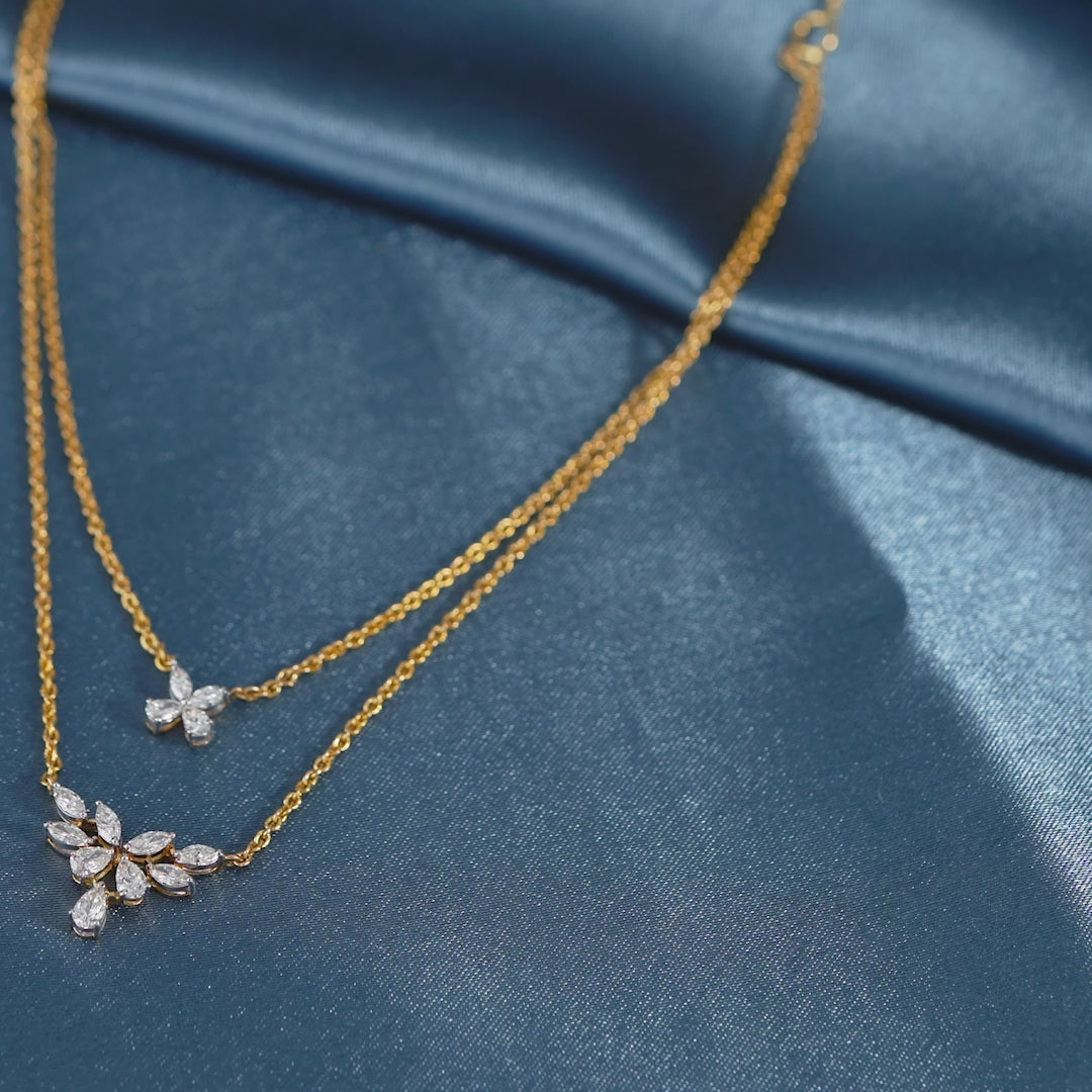 18 Karat Gold Triple Chain- Flower n Leaf Diamond Pendant
