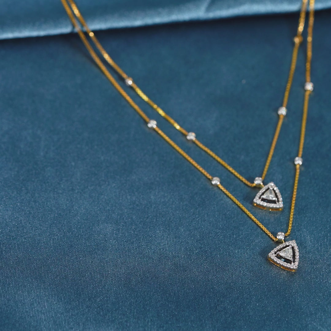 18 Karat  Twosome Gold  Chain- Trangle andf  Round  Diamond Pendant