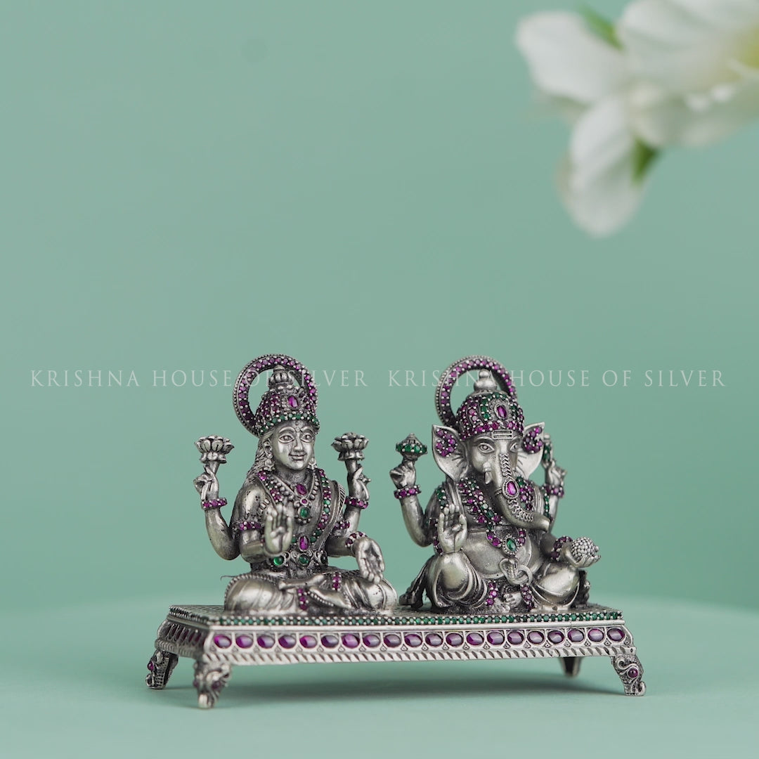 Masterfully Stone Crafted 92.5 Silver Idol - Ganesh & Lakshmi