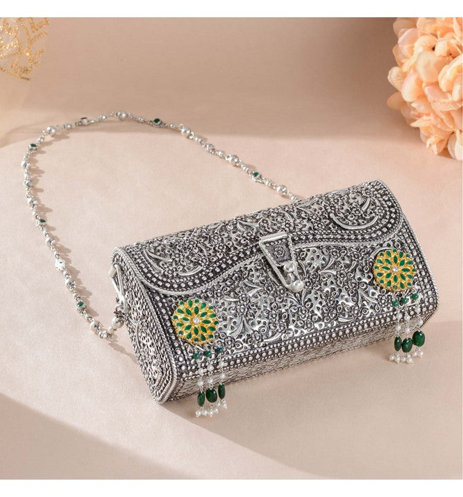 Luxy Silver Clutch Bag in Nakshi Work
