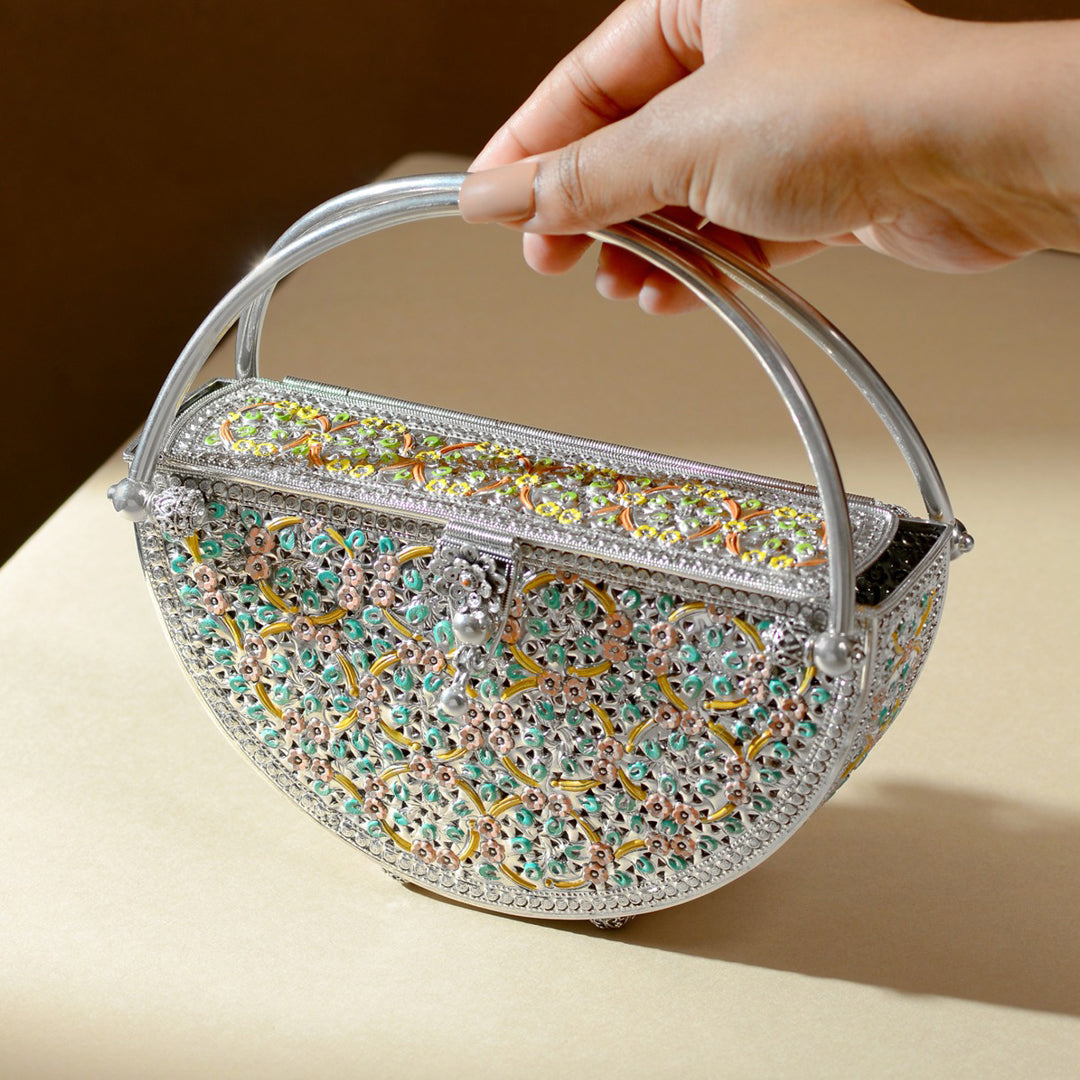 92.5 Silver Pastel Enamel Floral Filigree Clutch