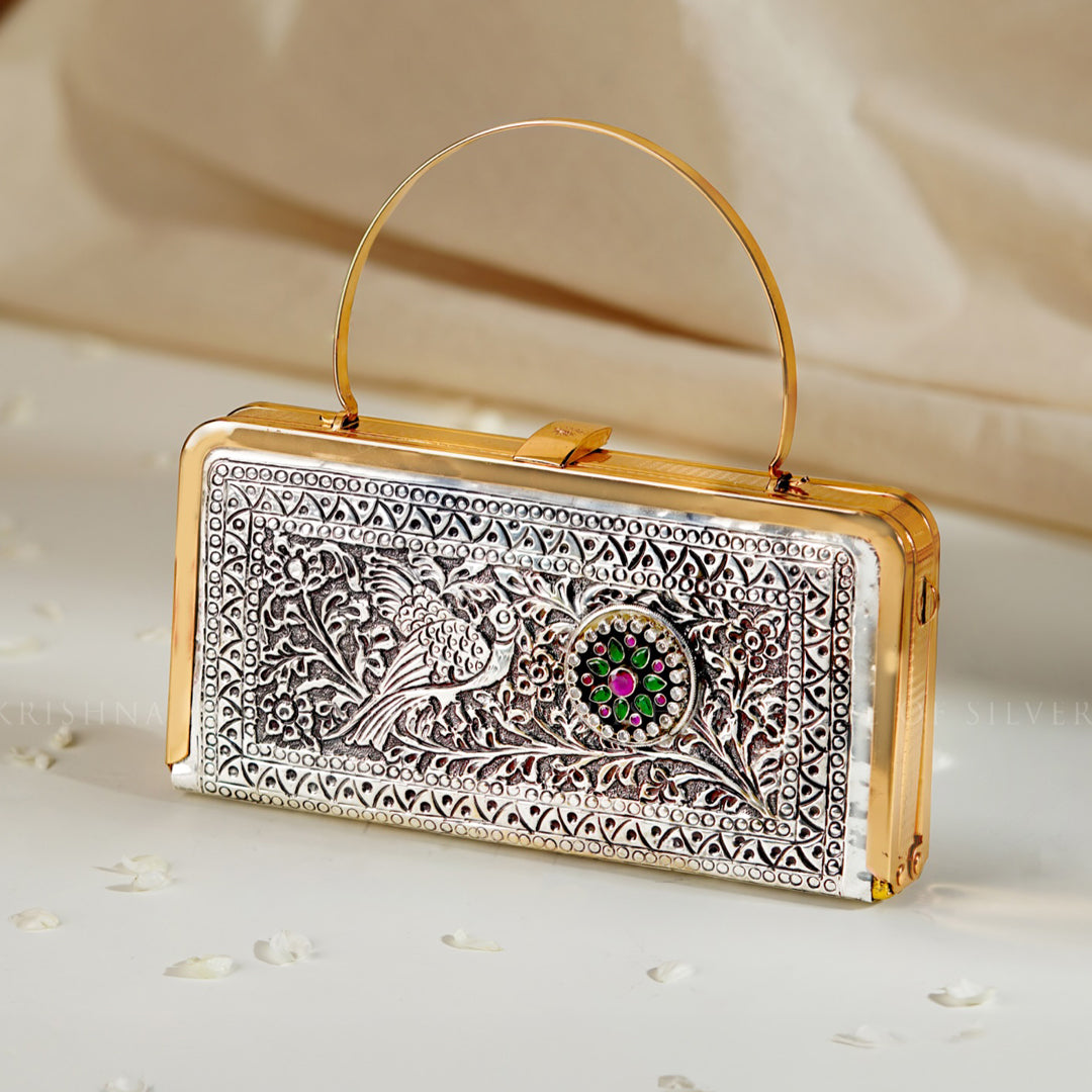 92.5 Silver Peacock Floral Golden Polish Clutch