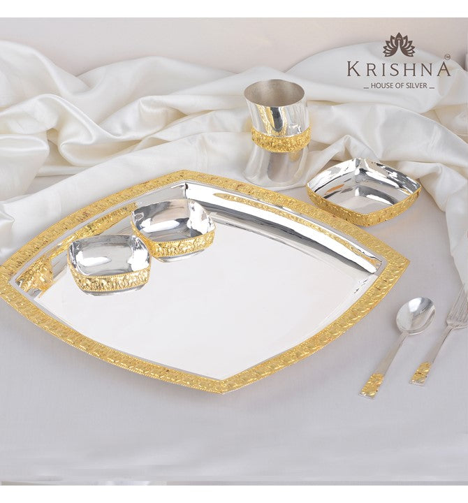 Gold Polish Nakshi Work Silver Dinner Set