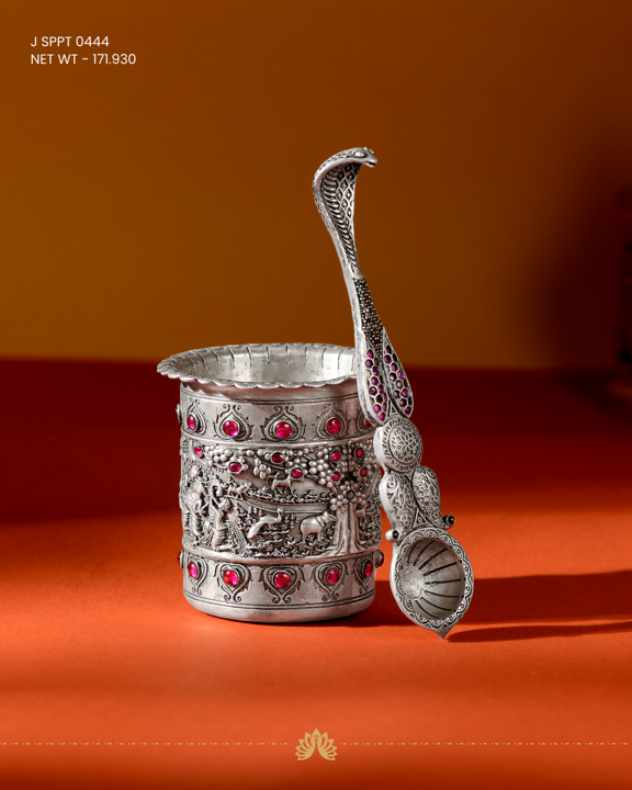 92.5 Silver Pancha Patra with Ruby Stones and Floral Design