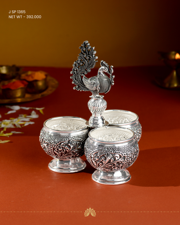 Silver Antique Panchapali 3 Bowl Peacock Design