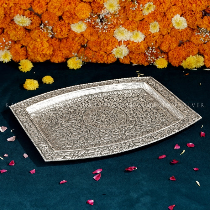 Antique Silver Serving Tray In Floral Design