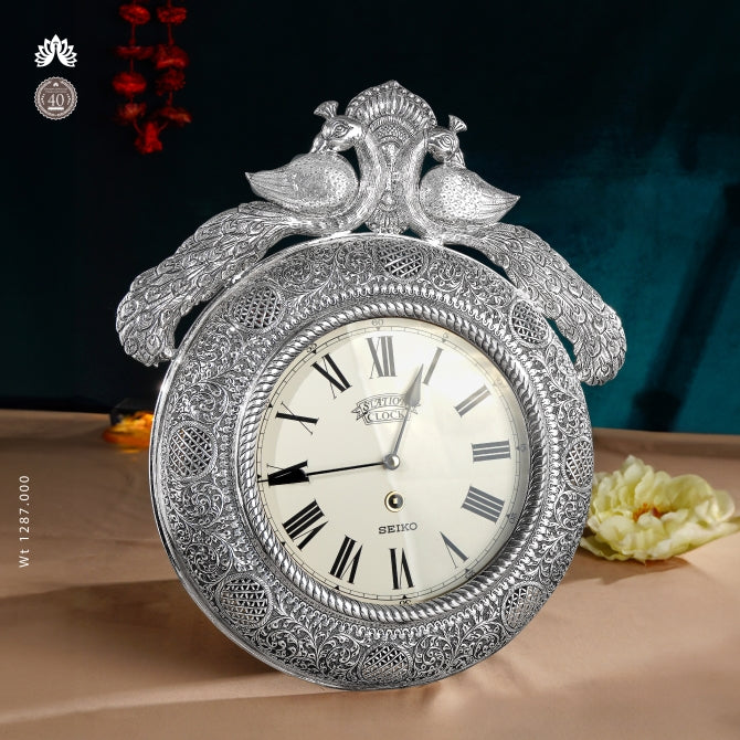 Peacock Themed Silver Wall Clock