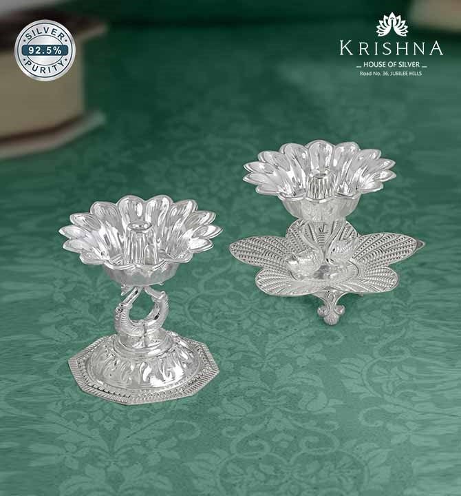 Small Silver Peacock Diya - Pair