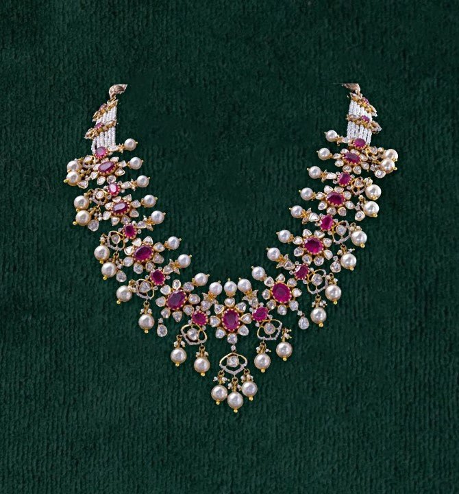 Ruby Diamonds Pearls Necklace