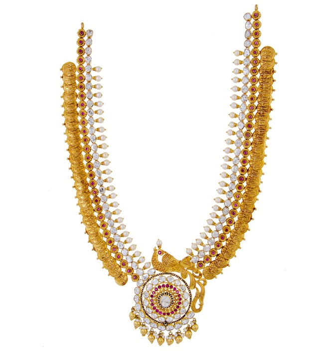 Gold pacchi necklace haram with peacock pendant