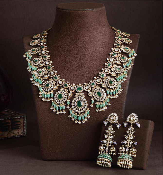 Uncut Diamond Necklace Sets with Pearls and Emerald Combination