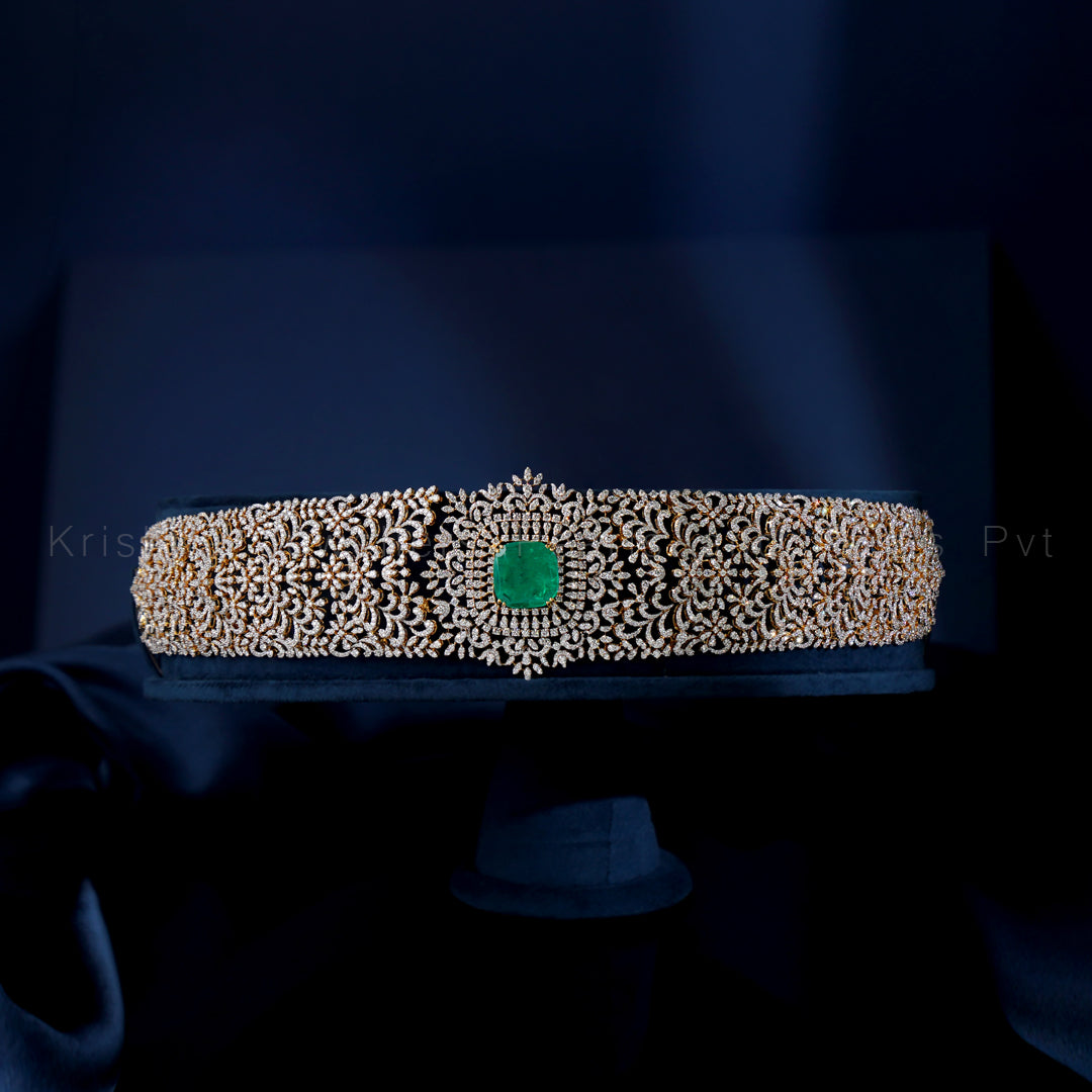Diamond Emerald Vaddanam | Bridal Ottiyanam Waist Belt in Gold