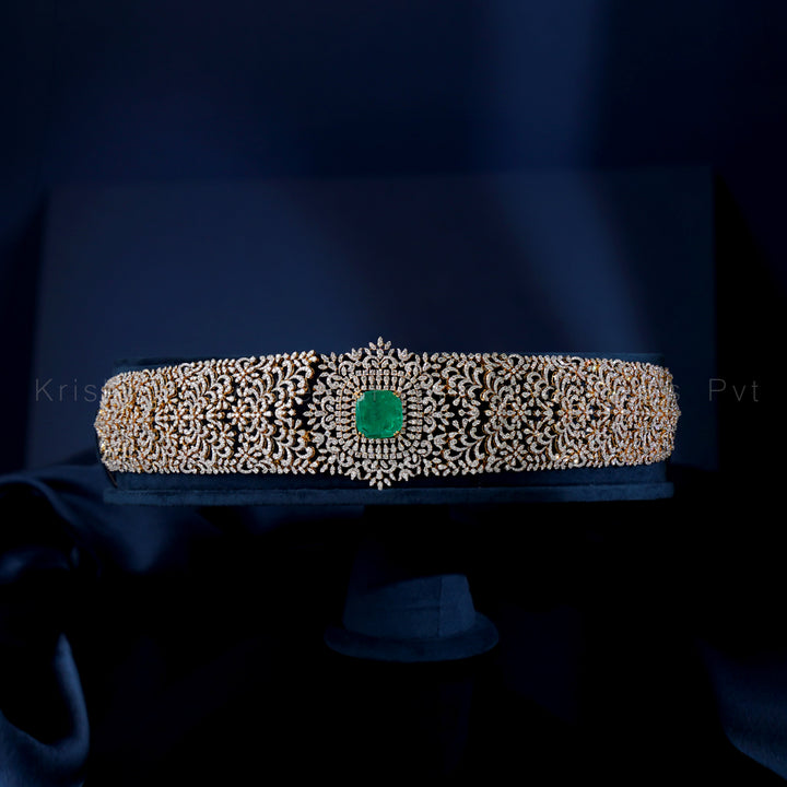 Diamond Emerald Vaddanam | Bridal Ottiyanam Waist Belt in Gold